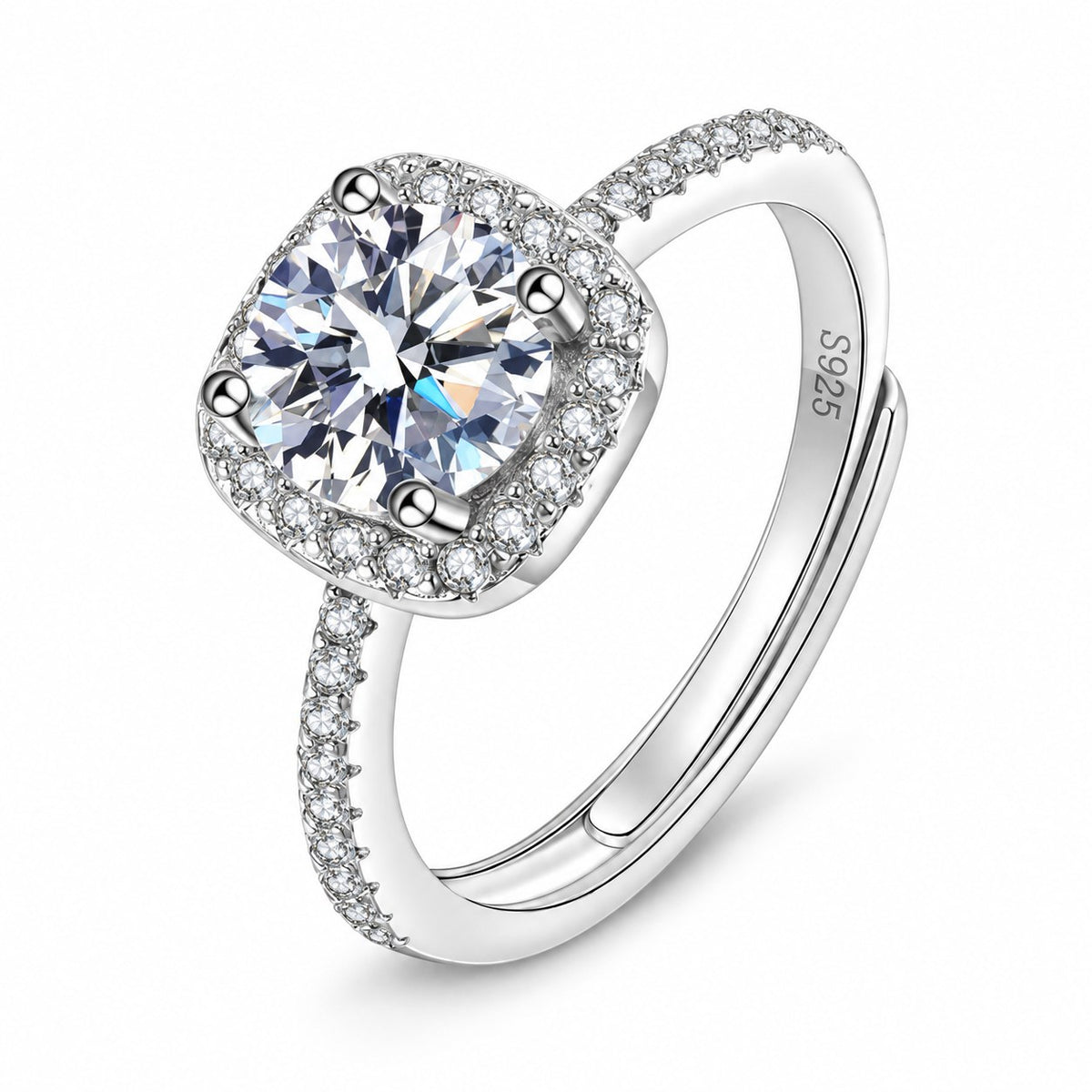 Moissanite cushion halo ring with a pave band