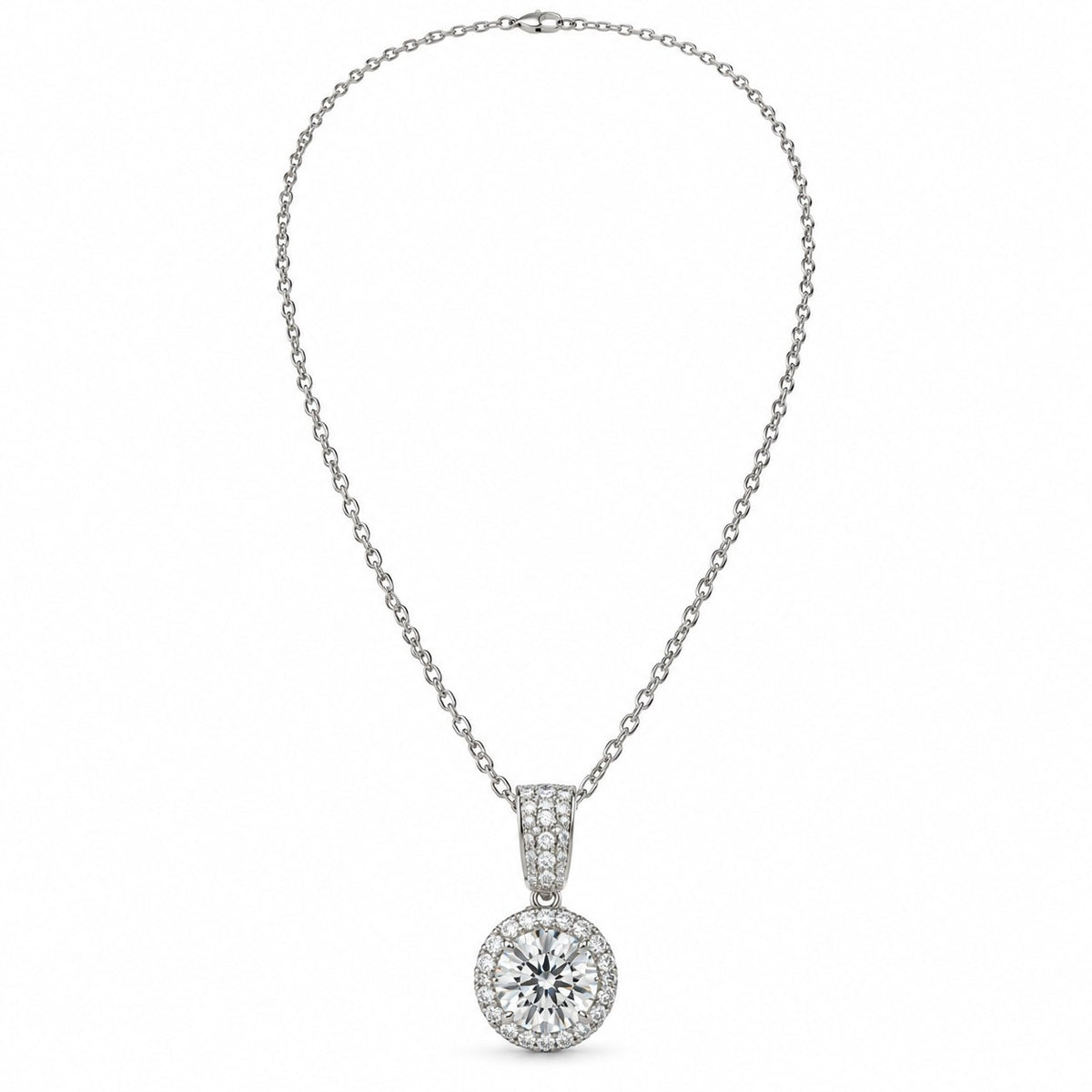 Moissanite halo pendant necklace on a white metal chain